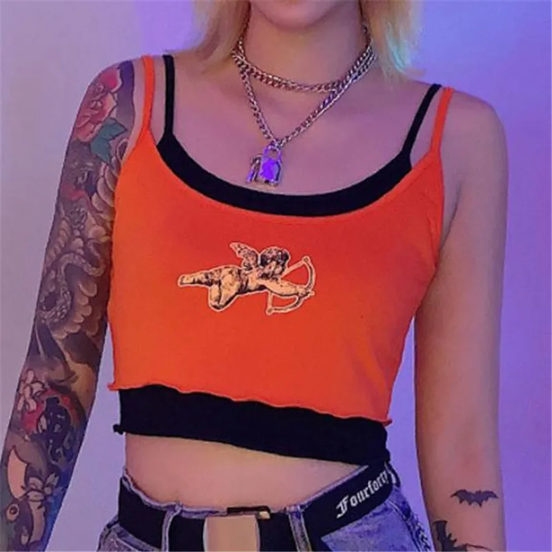 

Women Printed Camisoles New Sexy Fake Two Pieces Vest Ladies' Summer Backless Slim Top Wear Fashion Sleeveless Short Tank Tops