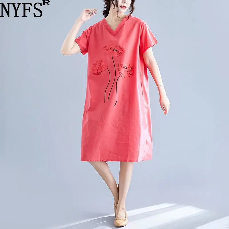 

NYFS Summer dress 2019 New Vintage Loose Long Ladies dress Printing V-neck women dress Female Vestidos Robe
