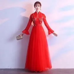 Лидер продаж для женщин полной длины Cheongsma стенд с длинным рукавом Тонкий аппликации свадебное платье тост костюмы элегантный вечерн