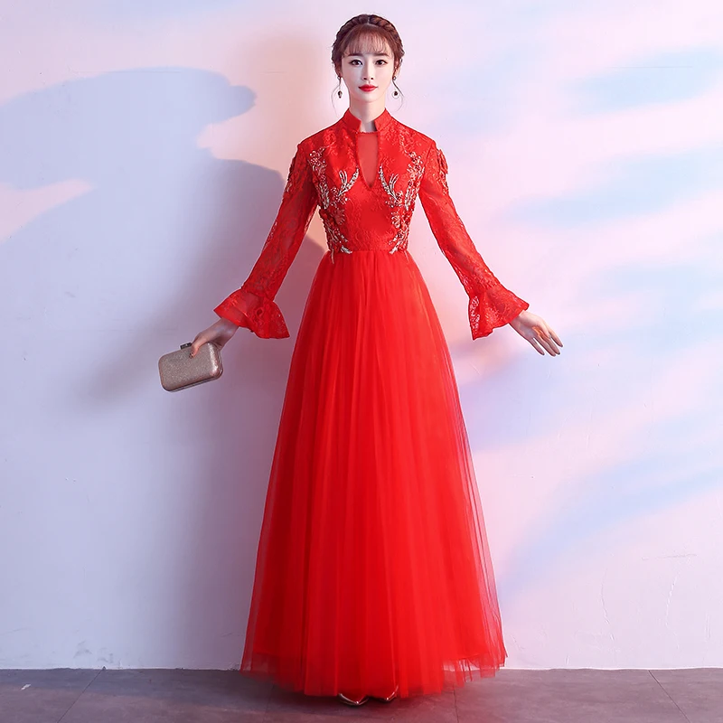 

Hot Sale Women Full Length Cheongsma Stand Long Sleeve Slim Appliques Wedding Dress Toast Clothing Elegant Evening Flower Qipao