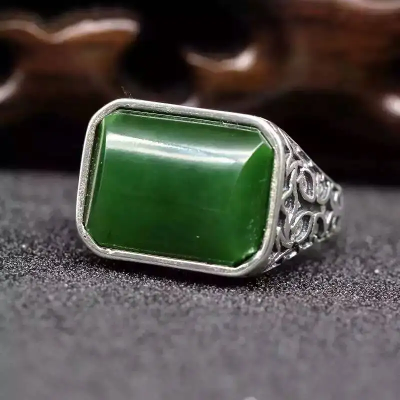 

Natural green jasper Ring Natural jade Ring S925 Sterling Silver trendy luxurious big heavy Square men women's Party Jewelry
