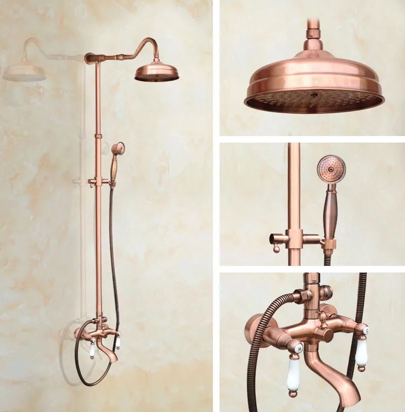 

Antique Red Copper Brass Wall Mounted Bathroom 8" Round Rain Shower Head Faucet Set Dual Ceramic Handles Tub Mixer Tap mrg638