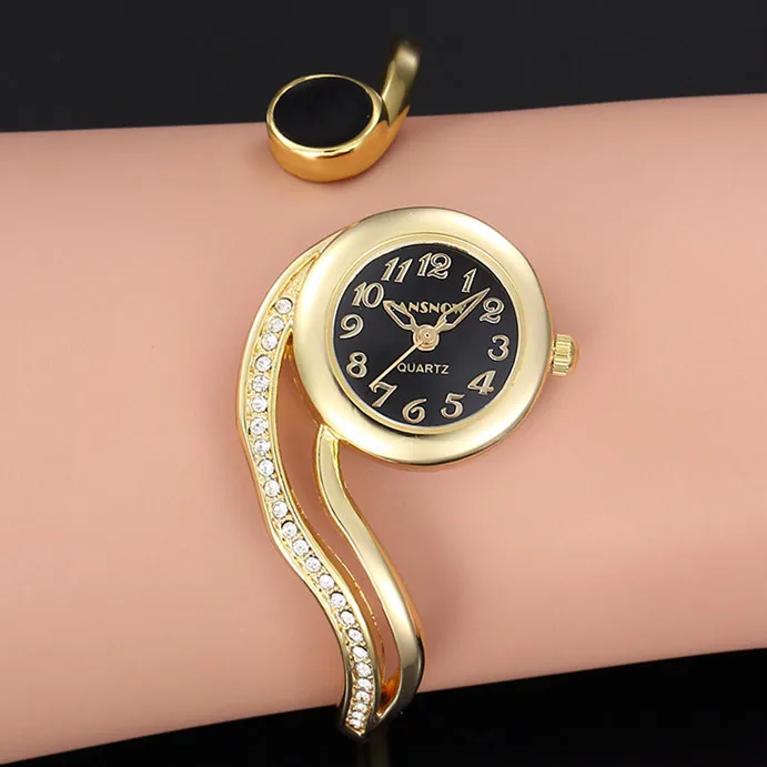 Новое поступление Элитный бренд женские часы 18K золото/серебро Кристалл Уникальный дизайн Для женщин кварцевые часы на запястье браслет для наручных часов Relogio - Цвет: Round Gold Black