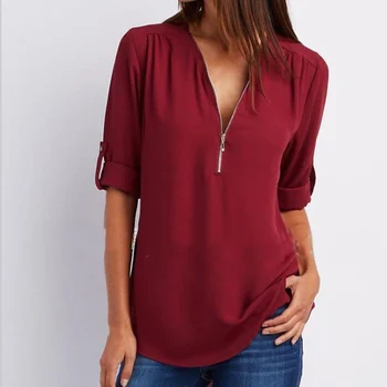 

Women's Chiffon V-Neck Blouses Tops Black White Plus Size 5XL Long Sleeve Feminine Blouse 2020 AutumnSummer Zipper Lady Shirts