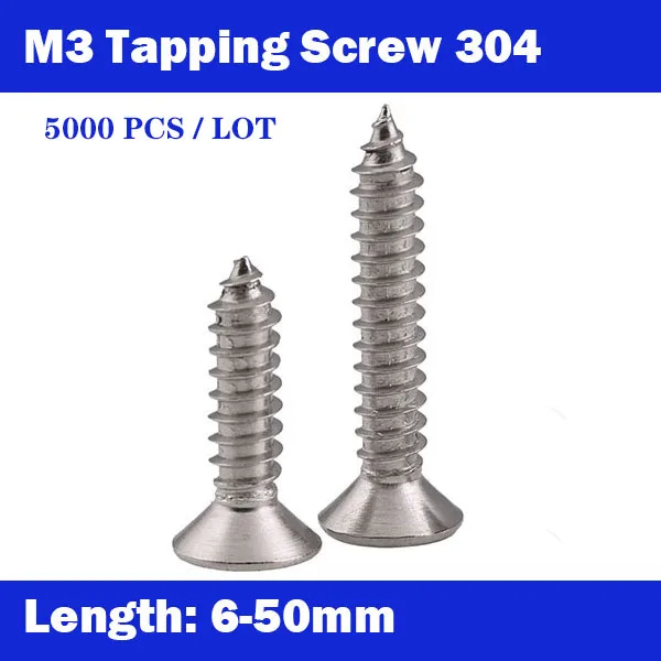 

5000PCS M3*6-50mm DIN7982 ISO7050 304 Stainless Steel Screws Cross Recessed Flat Head Countersunk Self-tapping Wood Screws