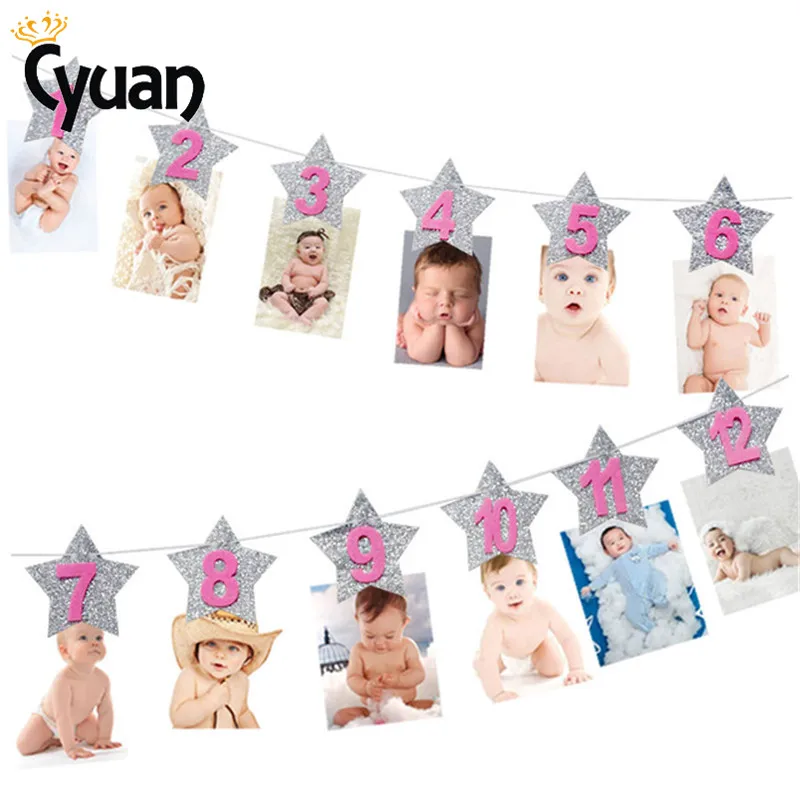 

1Set One Year Birthday DIY Album Banner Boy Girl Gender Reveal Monthly Photo Garland Flags Baby Shower Wall Photography Props