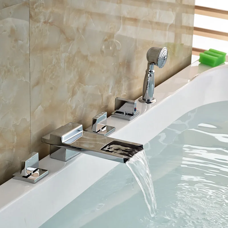 Bathroom 5pcs Bathtub Waterfall Roman Tub Filler Faucet with Handshower Chrome Finish