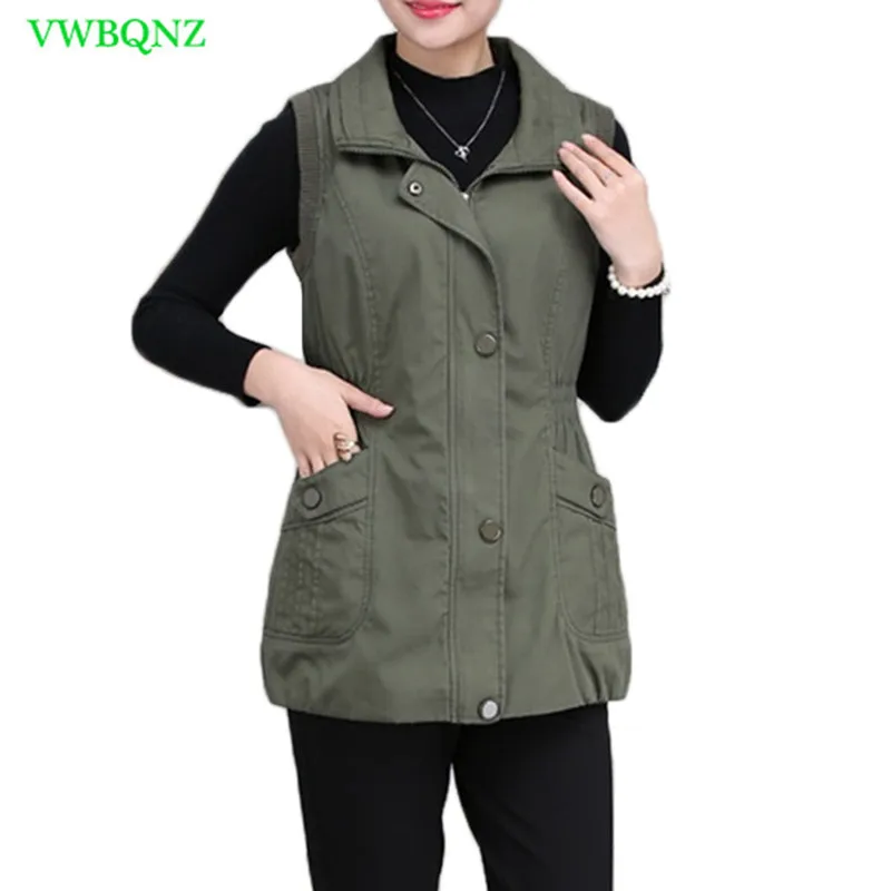 

Plus size Middle-aged women Vest Spring Autumn New Loose High collar Vests Womens Shoulder Army Green Maga Cardigan 5XL 6XL A771