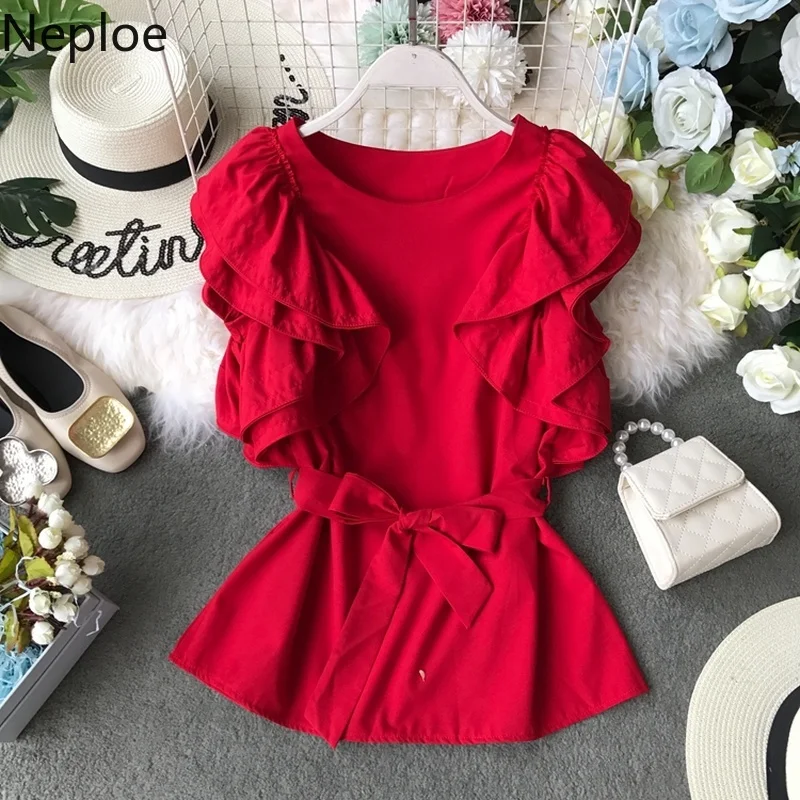 

Neploe Ruffles Women Shirts Summer 2019 New Solid O-Neck Sleeveless Blouse Fashion Korean Slim Waist Ladies Tops 44332