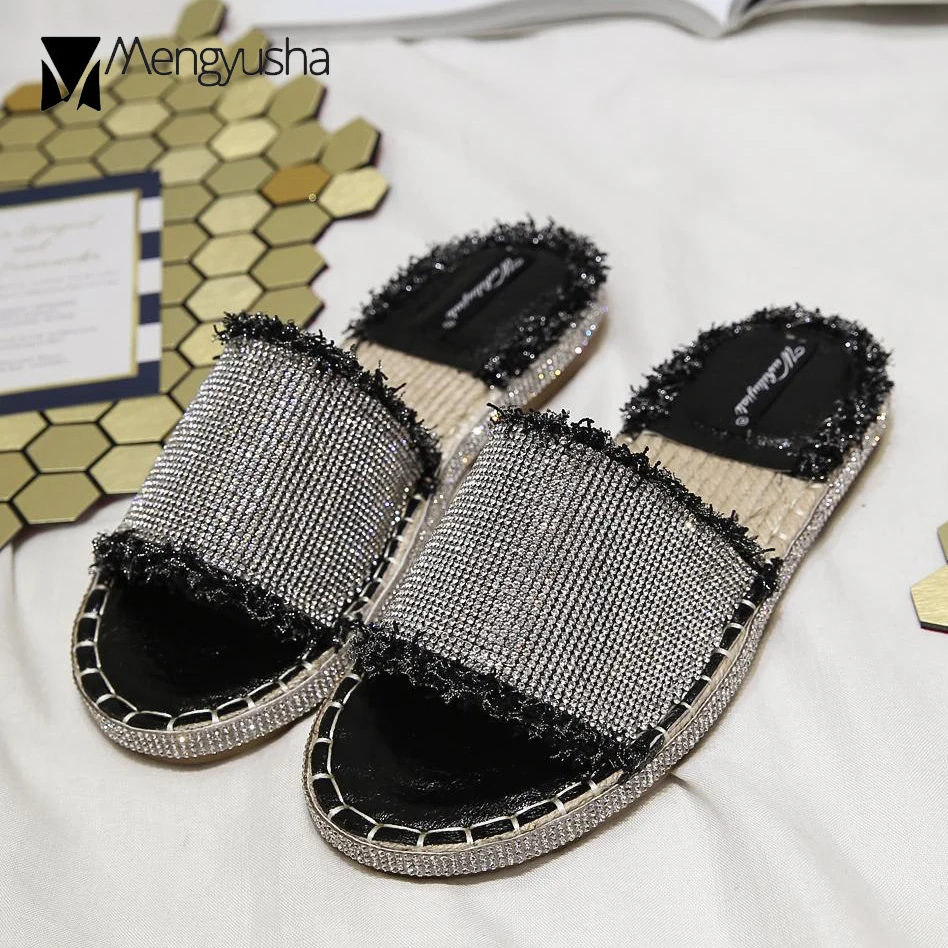 Блеск деним Дамские тапочки Кристалл Бисероплетение Гладиатор sandalias mujer