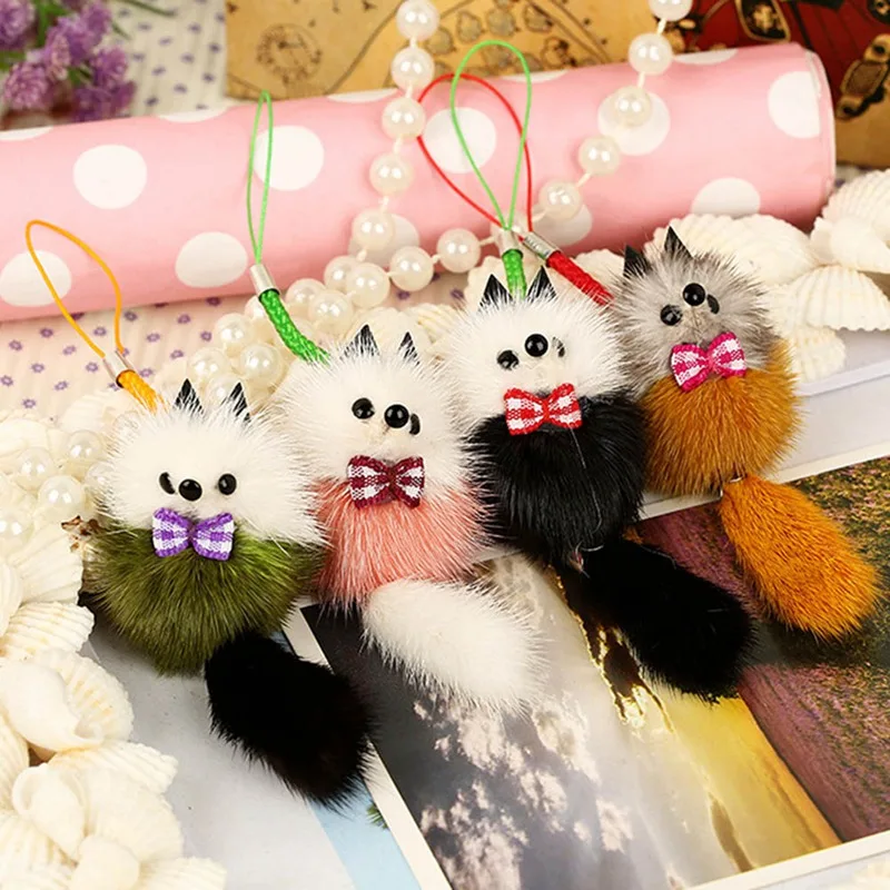 Cute Fluffy Bow knot Fox Fur Ball Key Chain Rings Pom Artificial Charm