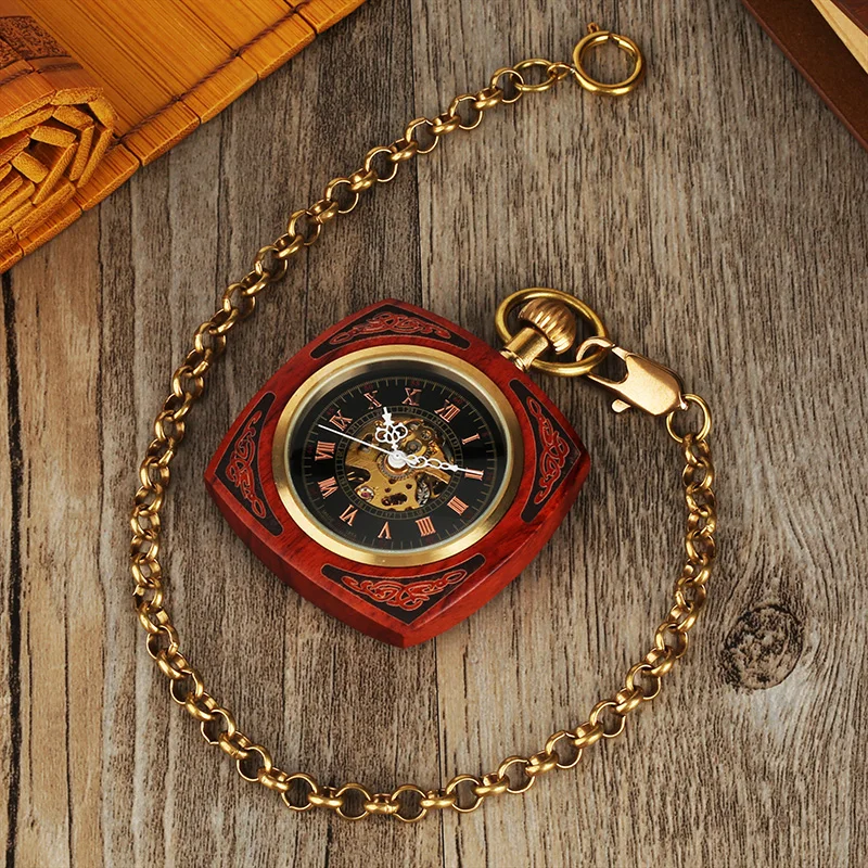 Retro Unique Royal Red Wooden Bamboo Hand Winding Mechanical Pocket Watch Square Dial with 30cm Gold Chain Men Hour Clock Gifts 2018 2019 (9)