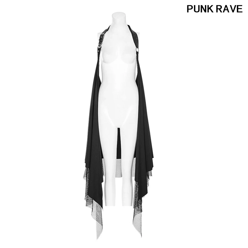 

Elastic Knitt Net Spliced Shoulder Loops Adjusted Loose Feminine Vest All-Match Knitted Black Women Coats PUNK RAVE WY-918MJF