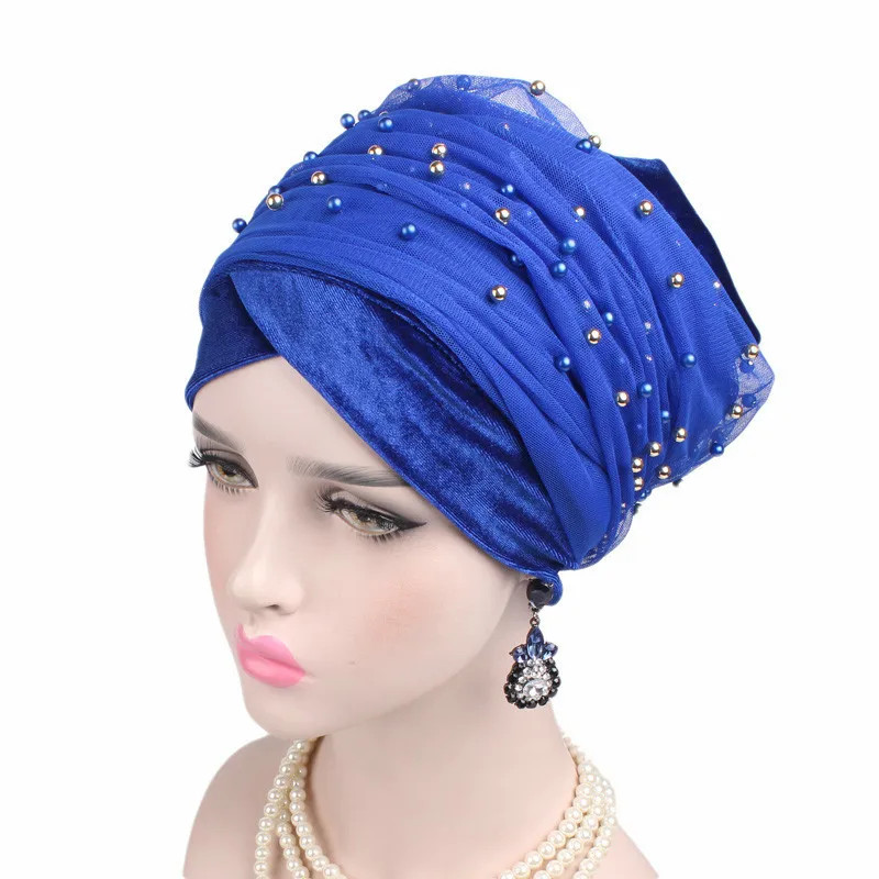 New Women Velvet Beading Scarf Hat Muslim Women Hijabs Turban Hats Indian Caps Wrap Cap long head scarf headscarf hats - Цвет: blue