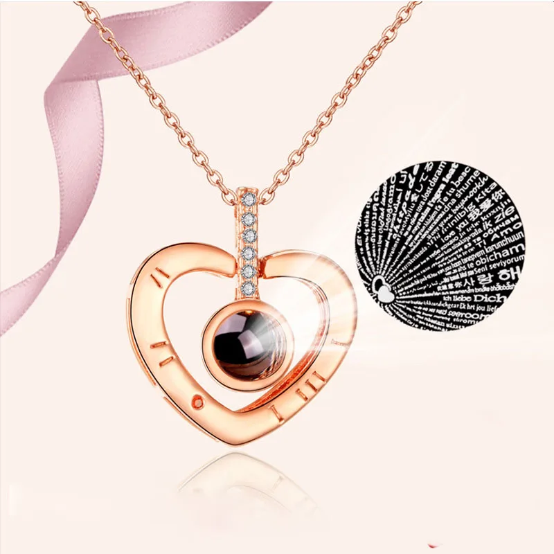 

Rose Gold&Silver 100 languages I love you Projection Women Heart Pendant Necklace Romantic Love Memory Wedding Necklace A203