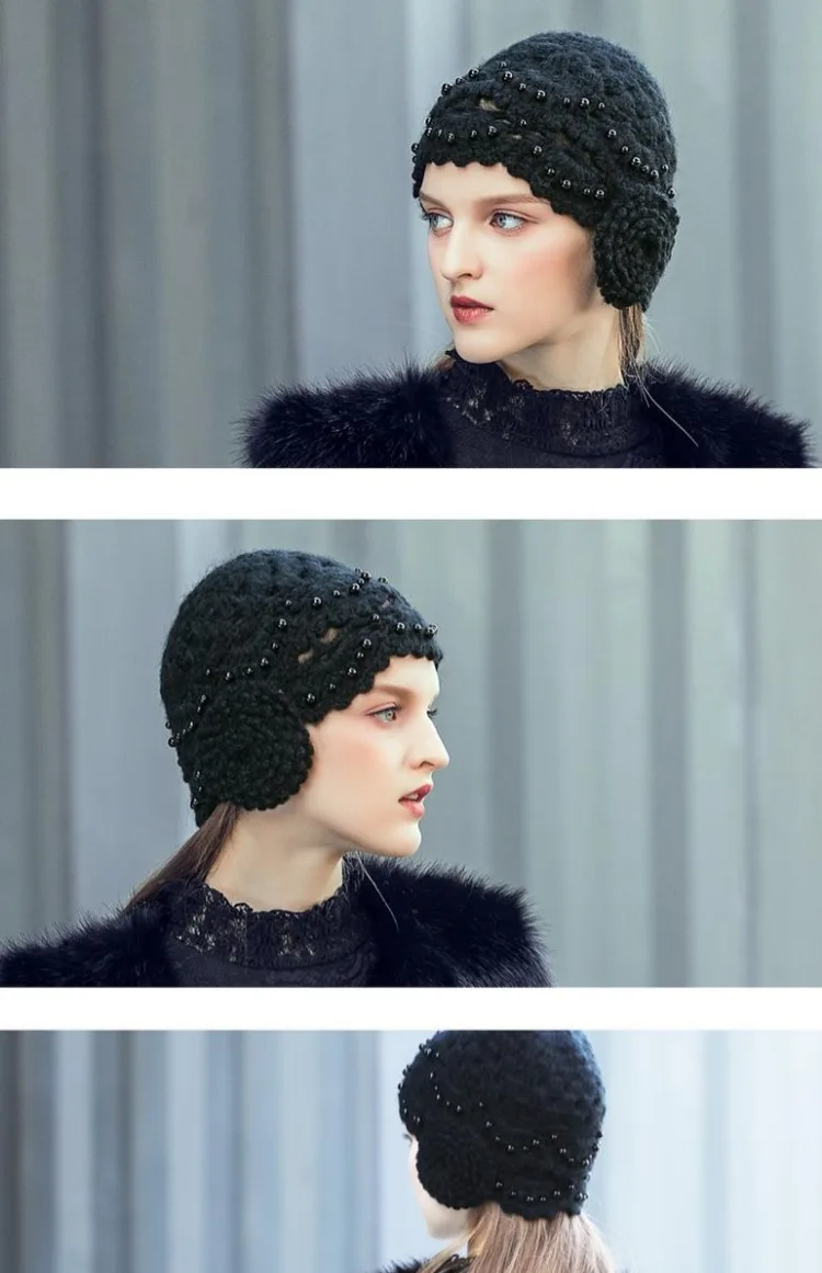 Осенние и зимние женские вязаные шапки Skullies ручной работы с капюшоном, милая шерстяная шапка в стиле ретро, женская шапка с большим цветком и жемчужной инкрустацией