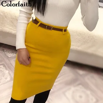 

Colorfaith New 2018 Women Solid Multi Colors Knitting Package Hip Pencil Midi Skirt Autumn Winter Belt Bodycon Femininas SK6008