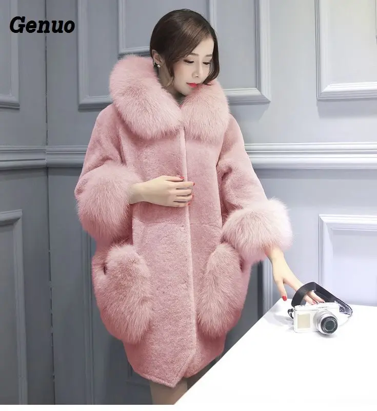 Genuo Winter Luxury Faux Fox Fur Coat Slim Long Faux Fur Jacket Overcoat Women Hooded Fur Pocket Warm Coat Outwear Party Clothes - Цвет: Розовый