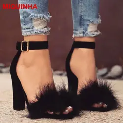 Miquinha меховой декор с открытым носком женские сандалии-гладиаторы пикантные квадратный каблук с пряжкой женские босоножки Super Star Обувь для