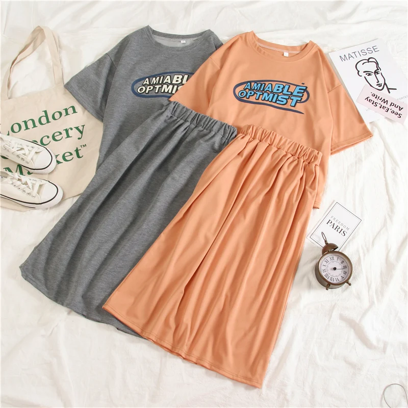 

2 Piece Tracksuit Skirts Set Women Letter Print T Shirt High Waist A Line Skirts Korean Harajuku Streetwear Plus Size Women Set