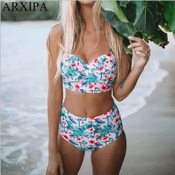 

ARXIPA 2019 High Waist Bikini Set Underwire Women Swinwear Molded Swimsuit Floral Print Bathing Suit Push Up Two Piece Separate