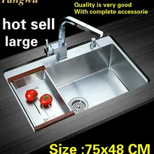 Горячая роскошь на продажу большая кухонная ручная раковина одинарная мойка пищевой прочный 304 Нержавеющая сталь стандарт 750x480 мм