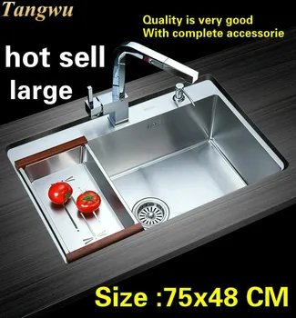 Cheap Free Shipping Hot Sell Luxury Big Kitchen Manual Sink Single Trough Food Grade Durable 304 Stainless Steel Standard 750x480 MM
