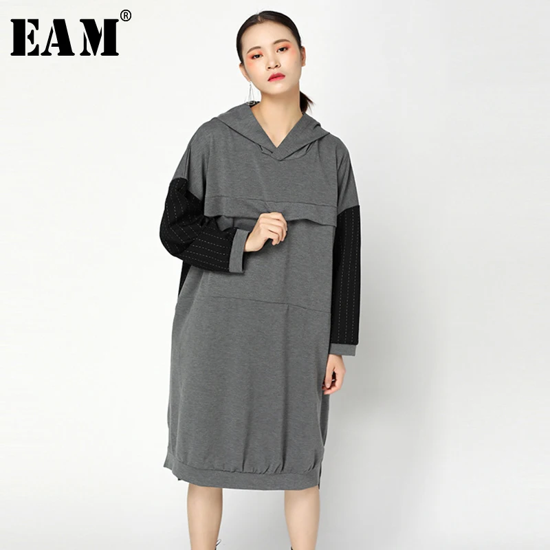 

[EAM] Women Hooded Hit Color Multicolor Dress New Long Sleeve Split Joint Loose Fit Oversize Fashion Spring Autumn 2019 JY743