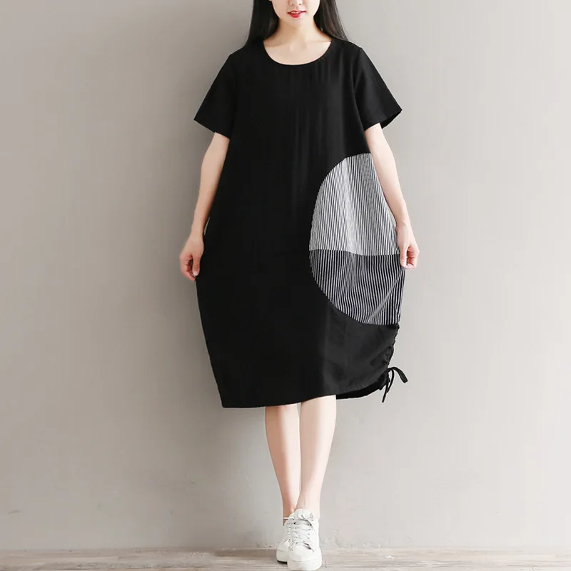 

2019 New Summer Japan Style Literary Loose Dress Patchwork Hem Drawstring Linen O-Neck Short Sleeve Midi Dress Women