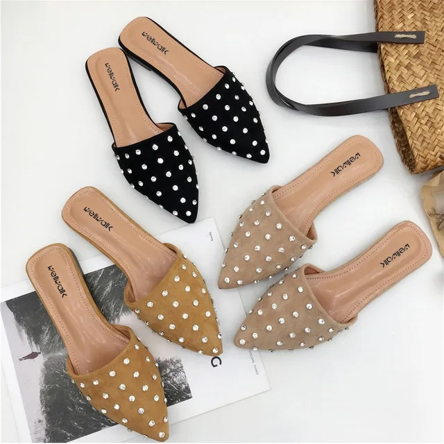 2018 Fashion Women Crystal Mules Summer Pointde Toe Solid Slippers Spring Women Square Heel Slides Casual Women Shoes Size 34-39