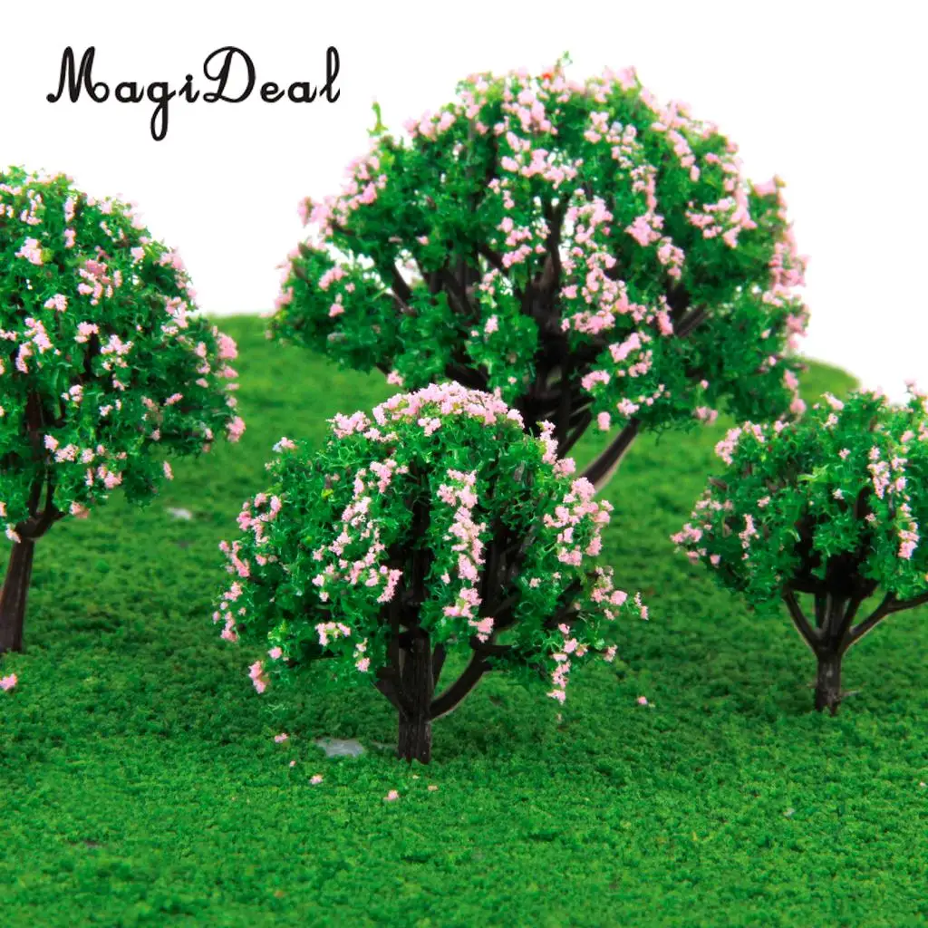 MagiDeal  5Sizes 10Pcs Plastic Model Tree with Pink Flower for Railroad Railway Train Track Home Garden Building Layout Diorama
