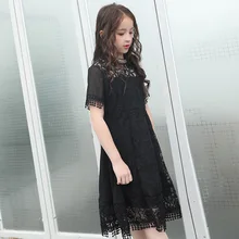 Summer New 2019 Teen Girl Short Sleeve Hollow Out Dress Round Neck Lace Stitching Dress Casual Loose Dresses Black Vestidos black casual round neck lace up side loose dress