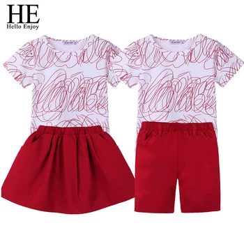 

HE Hello Enjoy Family Matching Clothes Big Sister Brother Sets Autumn Short Sleeves Graffiti T-shirt+Skirt/Shorts Look Outfits