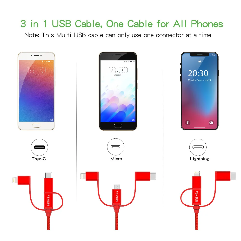 Foxsun متعددة 3 في 1 كابل 1 M ل كابل البرق المصغّر usb كابل نوع C كابل ل فون X 8 7 6 6 زائد سامسونج S8 هواوي