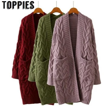 

2019 Winter Women Oversize Knitting Long Cardigan with Pockets Loose Causal Twist Knit Sweaters Coat
