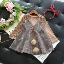 Г. Осенний топ с длинными рукавами для девочек+ платье в клетку на подтяжках с баллами, Детский костюм комплект из 2 предметов
