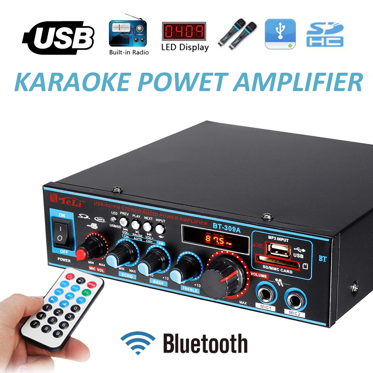 

12/220V 800W 2CH Equalizer bluetooth Home Stereo Power Home Theater Amplifier Audio FM Radio Car Amplifier with Remote Control