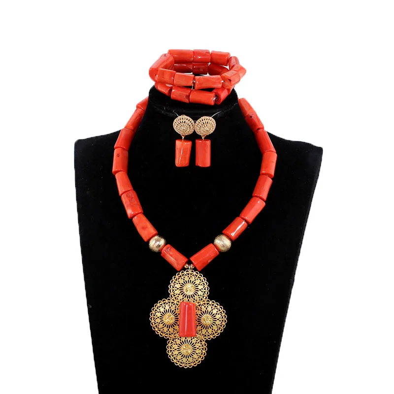 Simple Single Row Coral Bead Pendant Necklace Set Real Coral Design