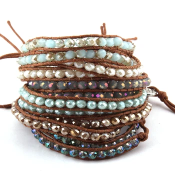 

Free Shipping Beautiful Fashion Glass Crystal Beads Wrap Bracelet 2 Wraps Leather Bead Bracelet