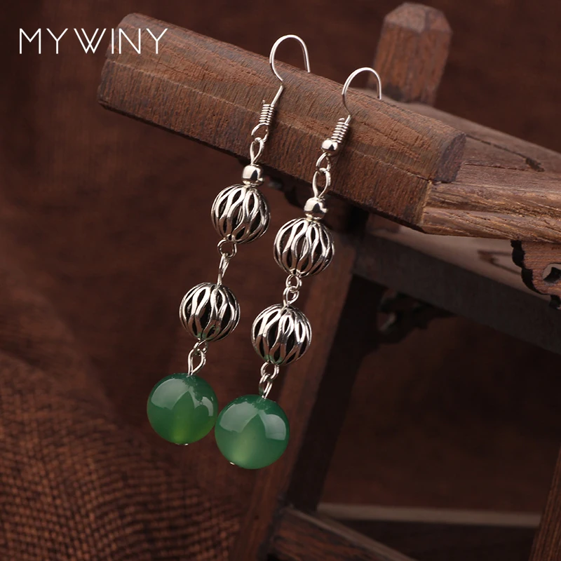 

New Summer metal ball fashion green nature stones dangle earrings for women,red ethnic vintage earrings green jewelry