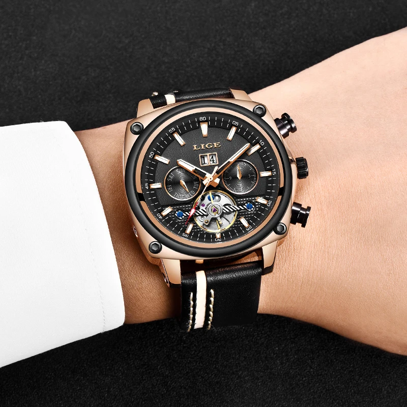 Новый 2018 LIGE роскошный скелет Tourbillon спортивные часы для мужчин автоматические