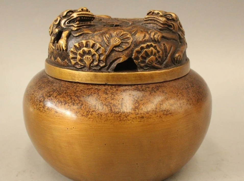 

4" Chinese Dyansty Palace Bronze 3 Foot Lion Foo Dog Incense Burner Censer