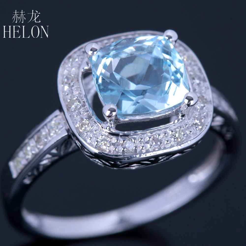 

HELON 7mm Cushion Cut 1.9ct Sky Blue Topaz Pave 0.17ct Diamonds Engagement Wedding Ring for Women's Ring Solid 10K White Gold