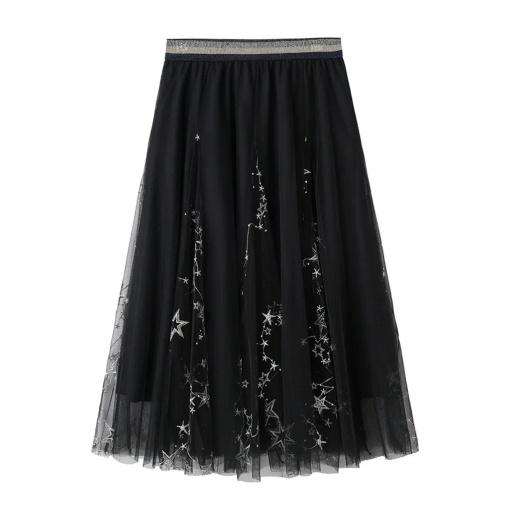 

Women Maxi Skirt Three-dimensional Embroidery Leaf Mesh Chiffon Maxi Skirts A Line Loose Princess Party Elegant Long Underskirt