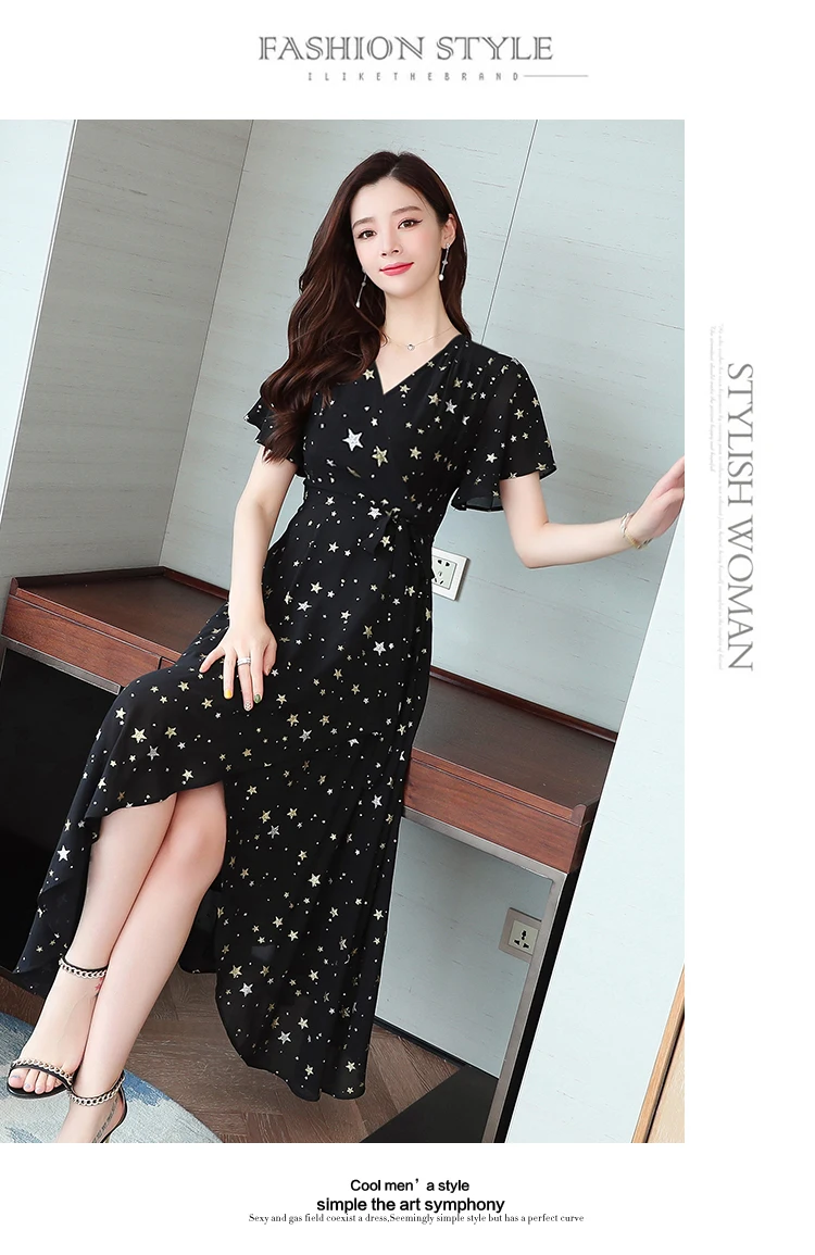 Корейские черные шифоновые платья миди с принтом, летние винтажные платья размера плюс, пляжный Макси Сарафан, элегантные женские облегающие вечерние платья