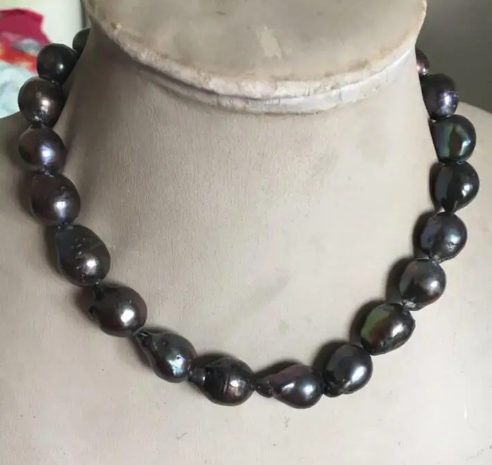 

Free Shipping NATURAL HUGE 15-21MM SOUTH SEA GENUINE BLACK BAROQUE PEARL NECKLACE 18 ''
