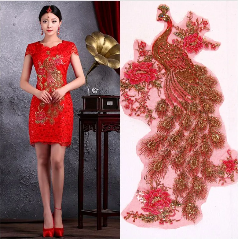 

Retro embroidery Sequins Peacock Embroidery Fabric Applique Patch African Lace Sew Wedding Dress Cloth Decorate Accessory DIY