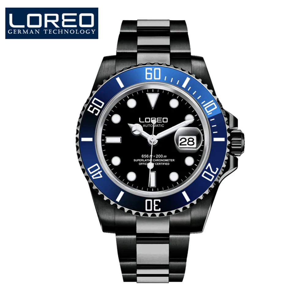 Stainless steel 11 LOREO автоматические механические часы для ныряльщиков спортивные 200 м Роскошные Брендовые мужские часы деловые наручные часы Мужские часы Relogio Masculino - Цвет: Stainless steel 11