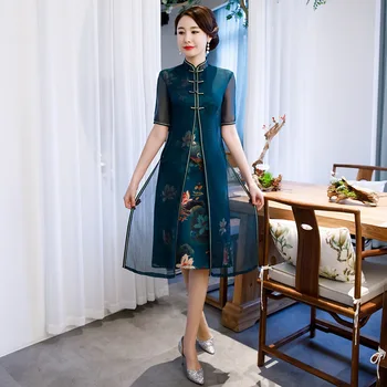 

Knee Length Cheongsam Vintage Chinese Mandarin Collar Dress 2019 New Womens Summer Rayon Qipao Slim Party Dresses Vestido S-4XL