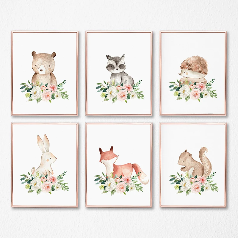 Woodland Animals Nursery Wall Art Canvas Posters Print Watercolor Blush